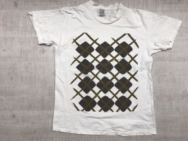 USA製 ジャージーズ JERZEES製 オールド アメカジ ストリート 手描き ペイント アーガイルチェック 半袖Tシャツ メンズ コットン100% M 白拍卖
