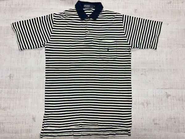 ポロ ラルフローレン Polo by Ralph Lauren アメカジ トラッド 古着 ボーダー 刺繍 半袖ポロシャツ メンズ コットン100% M 紺 白拍卖