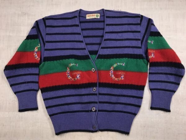 sporutino スポルティーノ レトロ モダン オールド トラッド 配色切替 ボーダー 花柄刺繍 ニットセーター カーディガン レディース M 紫拍卖
