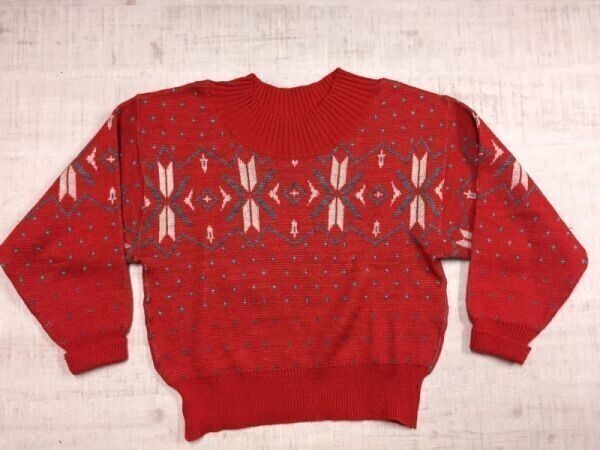 Ladies レトロ オールド 古着 雪柄ノルディック ジャガード ショート丈 ニット セーター レディース アクリル80% ウール20% 赤拍卖