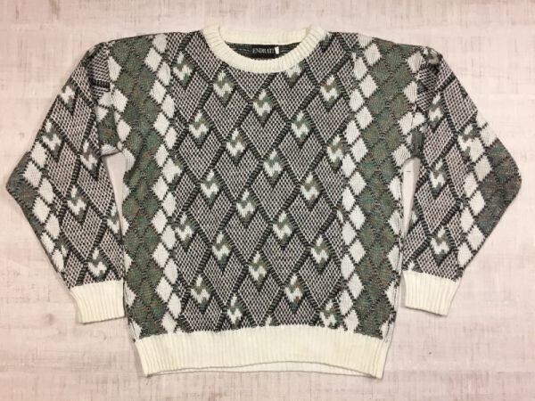 エンドラティ ENDRATI USA製 幾何学模様 クルーネック オールド アメカジ 総柄 ジャガード ニット セーター レディース M 白黒拍卖