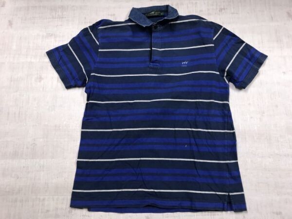 ヘンリーコットンズ Henry Cottons デニム襟 レトロ トラッド マルチ ボーダー 半袖 ポロシャツ ラガーシャツ メンズ M 紺拍卖