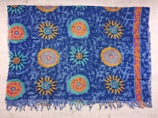 インテリア小物 民族エスニック アジアン 太陽モチーフ ネイティブ柄 ムラ染め フリンジ マルチクロス 布地 薄手 青拍卖