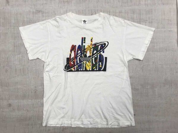 アディダス adidas デサント DESCENTE製 オールド スポーツ 90s 古着 ロゴプリント 半袖Tシャツ メンズ コットン100% 白拍卖