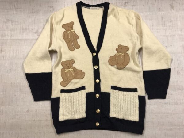 Trad House トラッドハウス レトロ ファンシー くま テディーベア ワッペン アニマル ニット カーディガン レディース ウール100% 刺繍 M拍卖