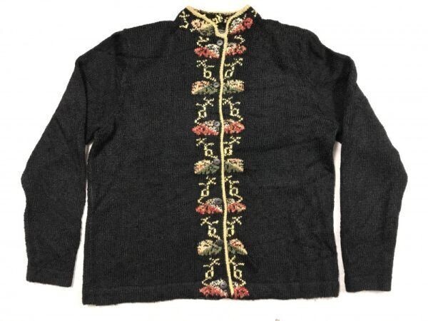 サウスコットン SOUTH COTTON レトロ カントリー ハンドニット ボタニカル 花柄 ジャガード ニット ジャケット レディース ボリビア製 M 黒拍卖