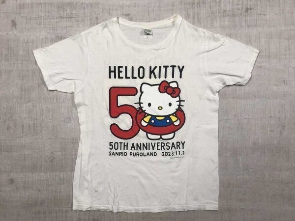 ハローキティ HELLO KITTY サンリオピューロランド SANRIO 50周年 2023 キャラクター イラスト 半袖Tシャツ レディース コットン100% L 白拍卖