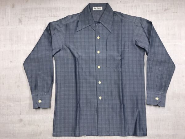 Son Ansony 昭和レトロ オールド トラッド 古着 光沢 格子柄 チェック イタリアンカラー 長袖シャツ メンズ ポリエステル100% M 青拍卖