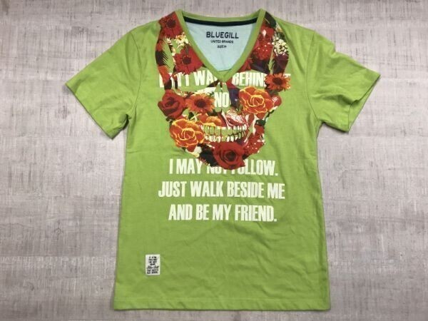 ブルーギル BLUE GILL サーフ ギャル Y2K 00s 古着 レイ風 ボタニカル 英字プリント Vネック トップス 半袖Tシャツ レディース M 黄緑拍卖