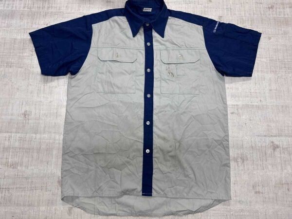 スバル SUBARU モータースポーツ レーシング 自動車 作業服 ユニフォーム バイカラー 半袖ワークシャツ メンズ コットン混合 LL グレー紺拍卖