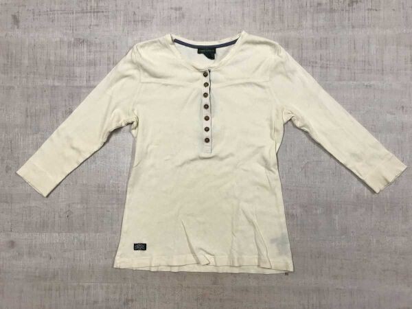 LRL LAUREN RALPH LAUREN ラルフローレン ヘンリーネック 七分袖 コンパクトトップス カットソー レディース メニーボタン 綿100% S 白拍卖