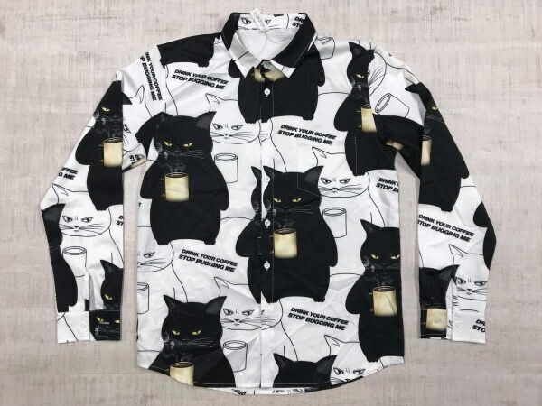 ファニー 中華 ストリート インポート 設無界 コーヒーを飲むネコ 白猫 黒猫 キャラクター イラストプリント 柄シャツ メンズ 薄手 S 黒白拍卖