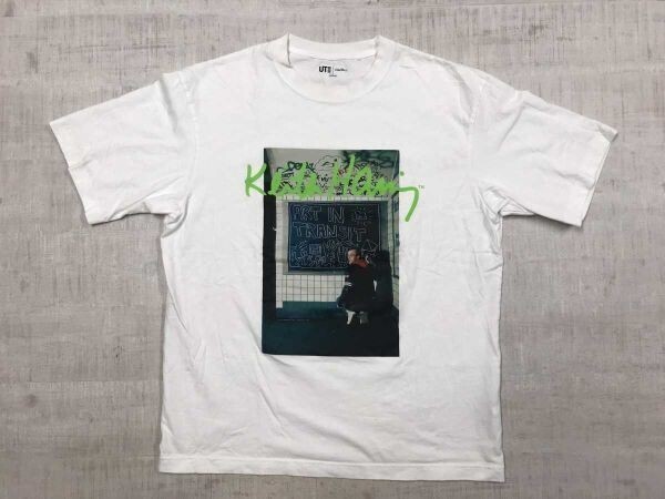 ユニクロ UNIQLO キースヘリング Keith Haring 近代アート ストリート プリント 半袖 フォト Tシャツ メンズ コットン100% L 白拍卖