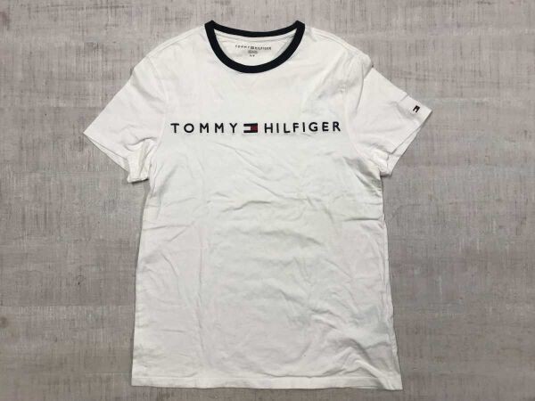 トミーヒルフィガー TOMMY HILFIGER アメカジ スポーツ 古着 トリム リンガー 半袖Tシャツ メンズ コットン100% S 白拍卖
