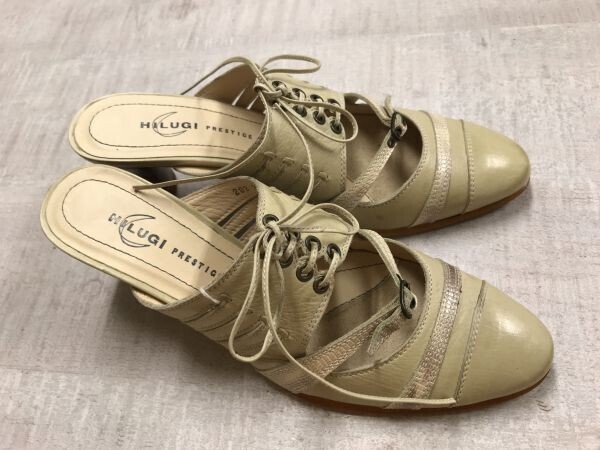 訳あり新品 HILUGI PRESTIGE レトロ フレンチ モード 変形レースアップ チャンキーヒール 靴 シューズ レディース 23.5cm ベージュ拍卖