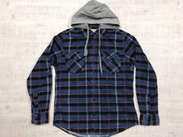 LAFORM レトロ 00s アメカジ ストリート パーカーレイヤード風 チェック 起毛 コーデュロイ シャツ メンズ コットン100% 中厚手 M 青黒拍卖