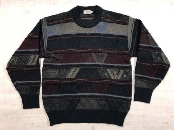LIME CREST ライムクレスト OLD オールド レトロ トラッド 古着 3D 立体編み ボーダー ニット セーター マルチパターン メンズ 日本製 M 紺拍卖