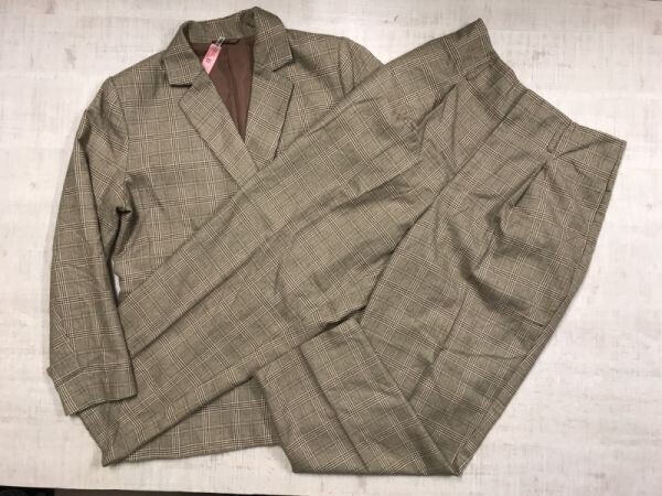 GU ジーユー トラッド チェック 起毛 ダブルジャケット ハイウエスト スラックス テーパード 上下セットアップ レディース XL/XXL ベージュ拍卖