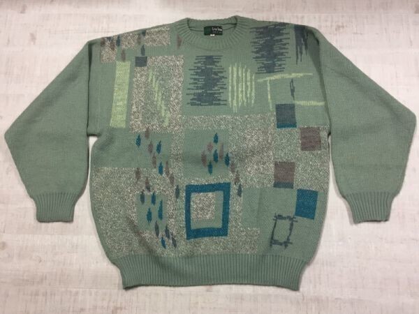 ITALY製 TRIS LINE オールド レトロ モード 80s 90s 古着 ジャガード アート柄 ウール混 ニット セーター メンズ 大きいサイズ 3L 緑拍卖