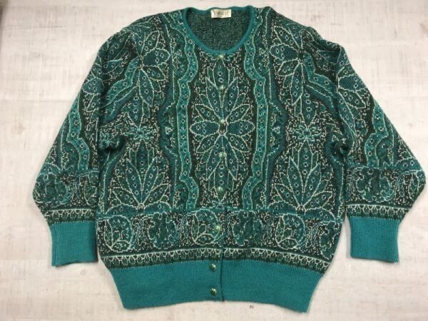 COMPALET オールド 昭和レトロ ミセス 古着 装飾ボタン ジャガード 総柄 ウール混 ニット カーディガン レディース 肩パット有 LL 緑拍卖
