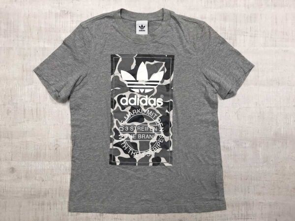 アディダス adidas ロゴ ビッグプリント ミリタリー迷彩カモフラ柄 スポーツ ストリート 半袖Tシャツ メンズ グレー拍卖