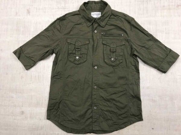 グロースバイグレイル Growth by Grail ミリタリー ネオお兄系 ロックモード 00s 古着 ベルト装飾 五分袖ワークシャツ メンズ M カーキ拍卖