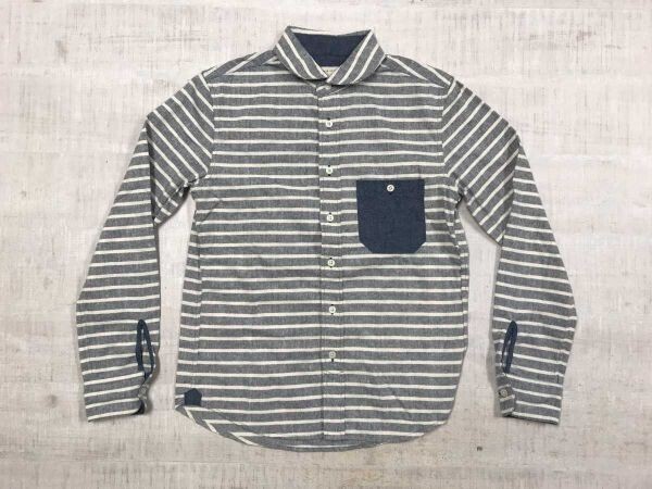 ナノユニバース nano・universe セレショ系 アメカジ マリン ボーダー コットンリネン 綿麻 ショールカラー 長袖シャツ メンズ 40 青拍卖