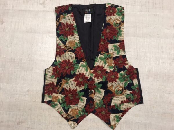 USA製 JLN USA オールド レトロ カントリー 90s US古着 花柄 音符柄 総柄 ベスト ジレ レディース コットン100% S拍卖