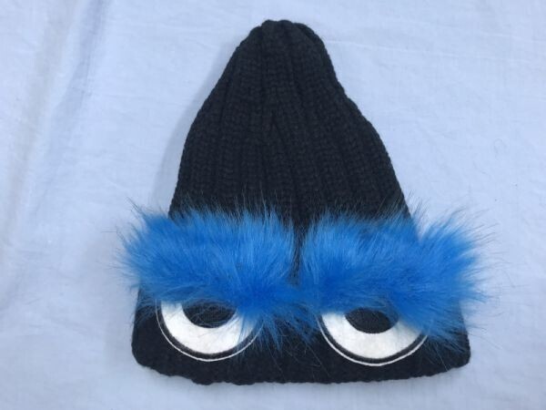 韓国ファッション K-POP キャラクター 目付き フェイクファー付き ニット ワッチ キャップ 帽子 キッズ 子供服 レディース アクリル100% 黒拍卖
