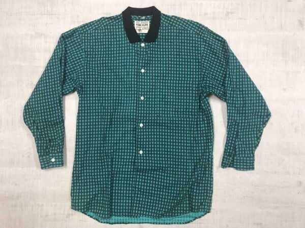 ファイアフラッグ FIRE FLAG F.F 山喜 レトロ オールド バーズアイ チェック 総柄 襟あり リブ切替 起毛フランネル 長袖シャツ メンズ M 緑拍卖