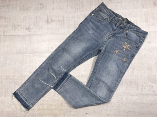 VIGOSS ヴィゴス Y2K 00s 星柄スパンコール USEDウォッシュ スキニー フレイドヘム デニム パンツ ジーンズ ボトムス レディース 10号 青拍卖