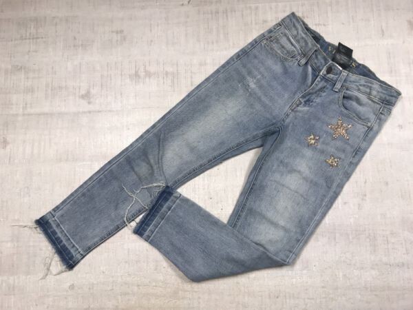 VIGOSS ヴィゴス Y2K 00s 星柄スパンコール USEDウォッシュ スキニー フレイドヘム デニム パンツ ジーンズ レディース 10号 青拍卖