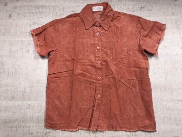 ampm ストリート K-POP ネオグランジ アメカジ 古着 袖切りっぱなし フリンジ 半袖 コーデュロイ シャツ レディース L オレンジ拍卖