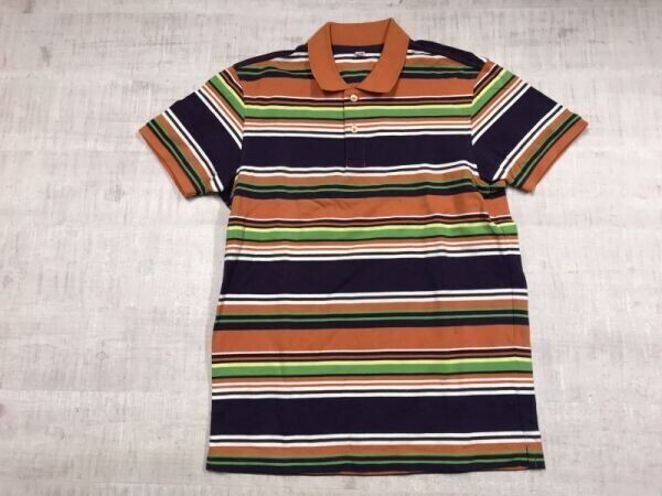 ユニクロ UNIQLO Y2K サイケ モード 古着 鹿の子 マルチボーダー 半袖ポロシャツ メンズ M オレンジ系拍卖