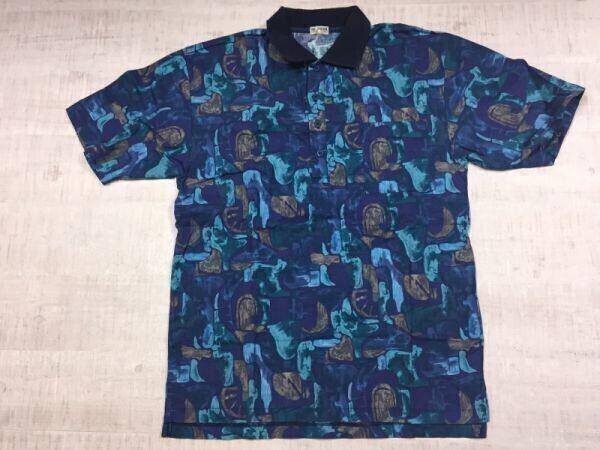 Mr.JAPAN アート 総柄 オールド レトロ 古着 80s 90s 半袖ポロシャツ メンズ 日本製 L 青拍卖