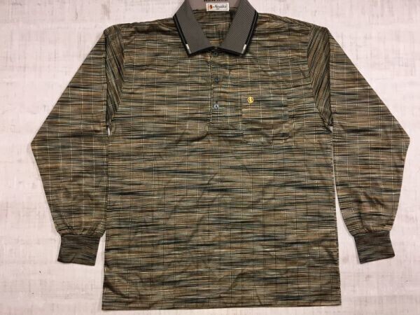 韓国製 韓国古着 90s ニューエース New Ace レトロ オールド マーブル ボーダー シアー長袖ポロシャツ メンズ 100 茶系拍卖