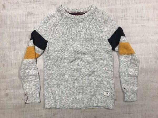 トミーヒルフィガー TOMMY HILFIGER アメカジ トラッド 古着 メランジ フットボール コットンニット セーター メンズ 綿100% S グレー拍卖