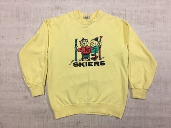STRIPE 5 レディース オールド 昭和レトロ古着 くまさん スウェット トレーナー ラグラン キャラクター スキーヤーズ 黄色 コットン100%拍卖