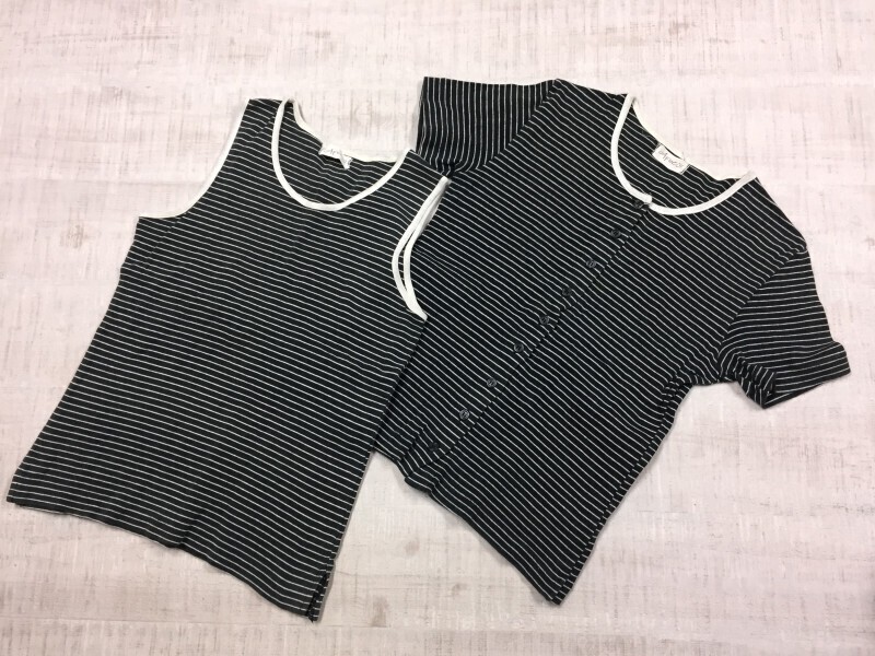 AFec's オールド レトロ 2点セット アンサンブル ボーダー タンクトップ カットソー シャツ 半袖カーディガン レディース 日本製 160 黒拍卖