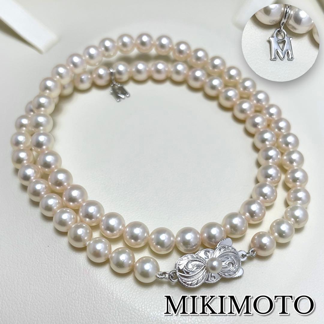 【糸替え済み/Mチャーム付き】MIKIMOTO ミキモト パール ネックレス 現行クラスプ 直径6~6.5㎜ SIL シルバー ピンク系 アコヤ真珠 本真珠拍卖