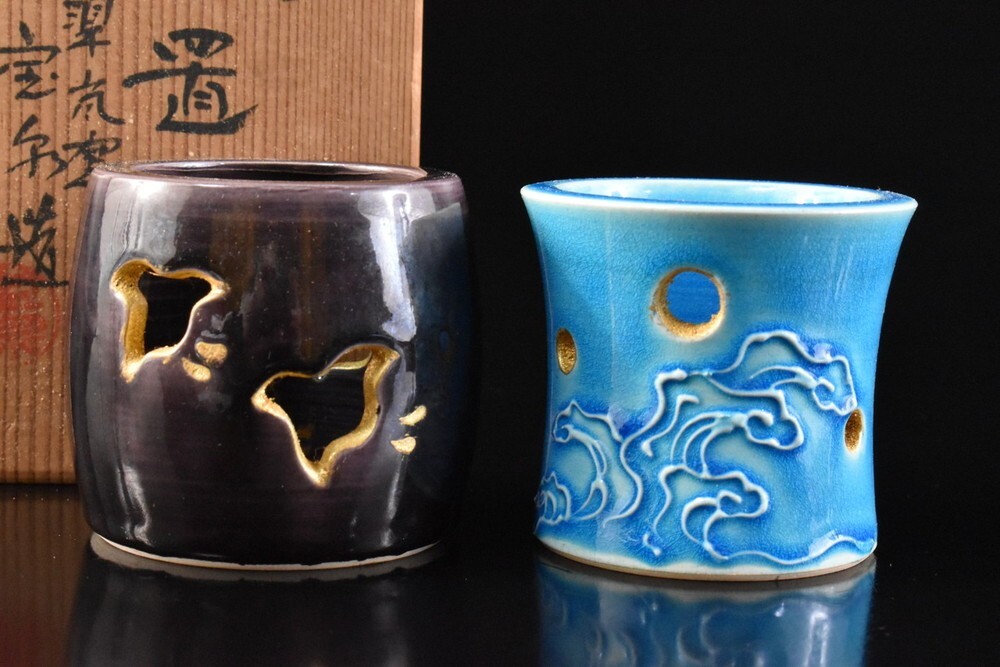 【雲】某名家収蔵品 清水 二色釉 蓋置 2客 共箱 古美術品(旧家蔵出) F8092拍卖