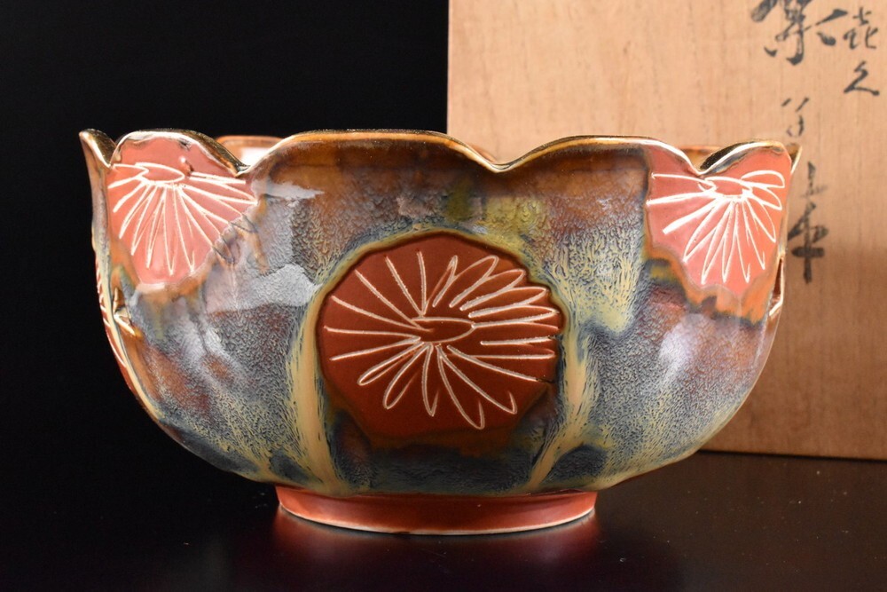 【雲】某収集家放出品 清水 色絵 花絵付 菓子鉢 在銘 共箱 古美術品(菓子鉢懐石料理道具) F8840拍卖