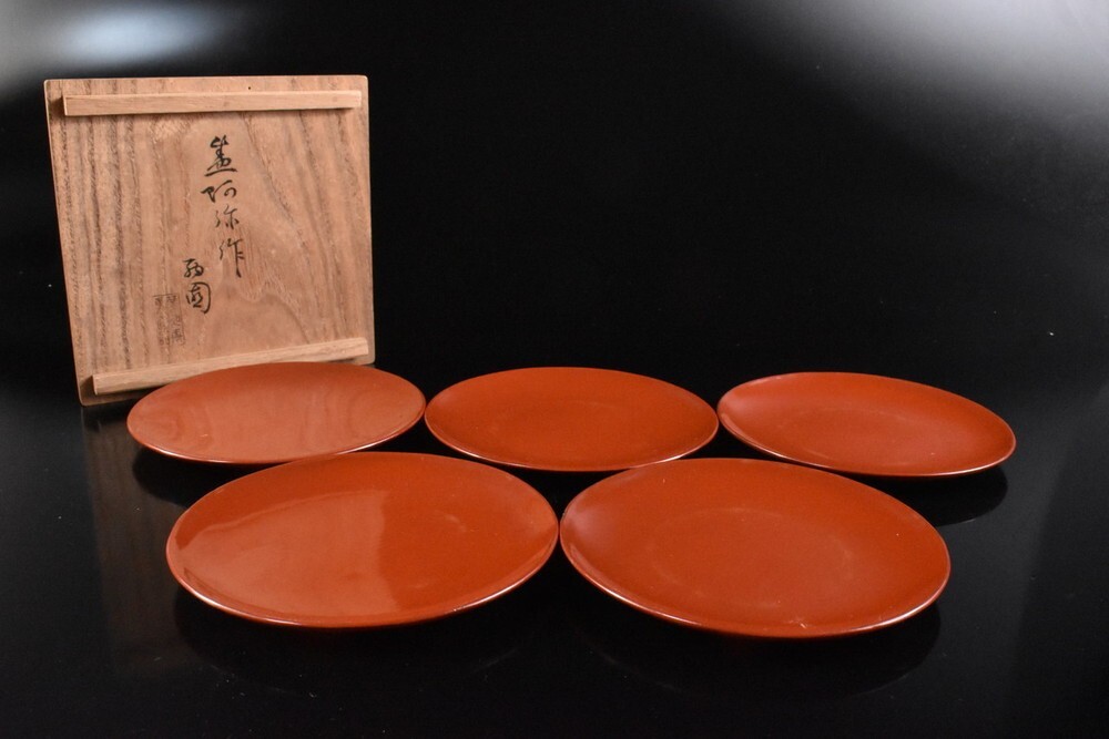 【雲】某収集家買取品 木製漆器 銘々皿 5客 共箱 古美術品(懐石料理道具木皿) F8802拍卖