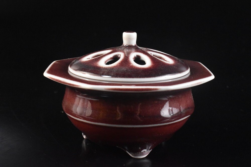 【雲】某資産家買取品 益子 赤釉 香炉 在銘 古美術品(香道具茶道具) F8887拍卖
