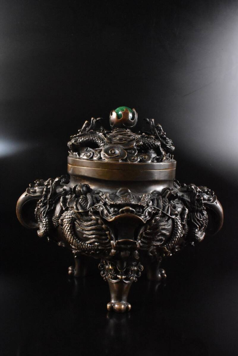 【雲】某資産家買取品 仏教美術 銅製 雲龍彫刻大香炉 古美術品(香道具旧家蔵出) F8778拍卖