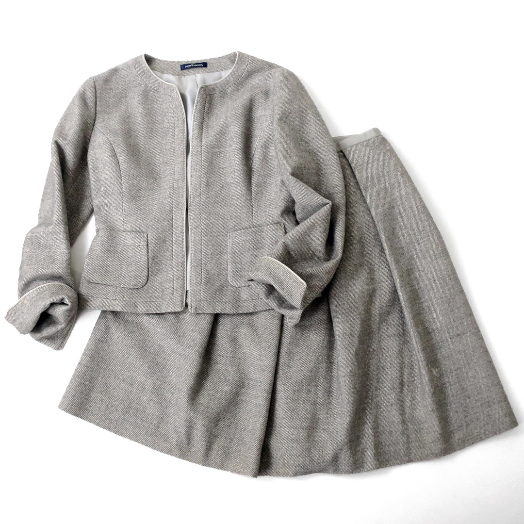 NEWYORKER ウール/コットン ノーカラージャケット スカートスーツ セットアップ グレー (サイズ9)拍卖