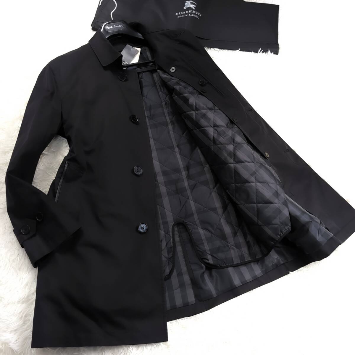 美品羊革2way!BURBERRY LONDONキルティングライナーラムレザーナポレオンコート黒ノバチェック柄マリンステンカラーL~Mバーバリーロンドン拍卖