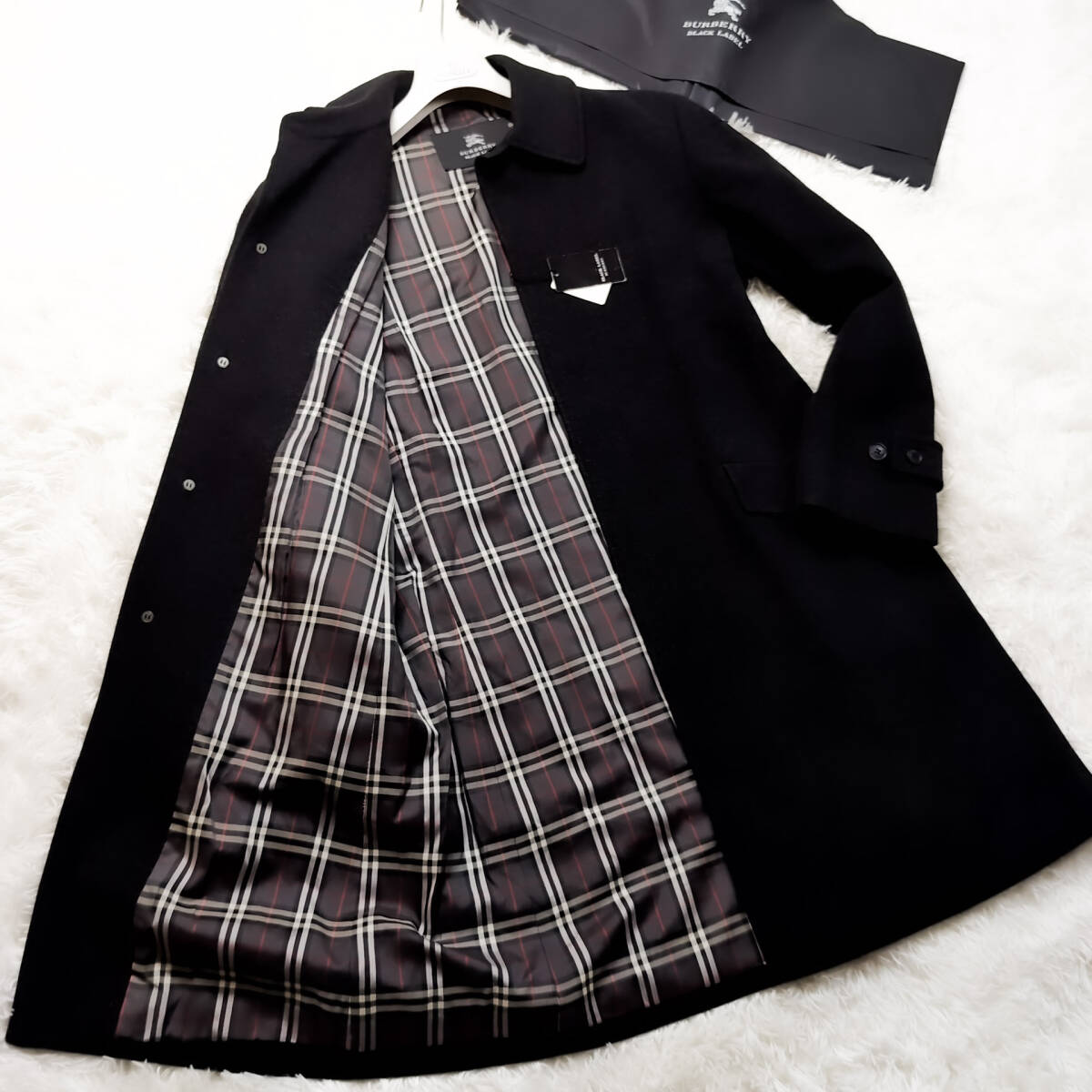 極美品LL~LカシミヤBURBERRY BLACK LABELピュアカシミヤ入ナポレオンコートXL~Lロング黒ノバチェック柄ブラレ バーバリーブラックレーベル拍卖
