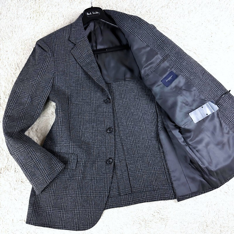 未使用級LLカシミヤBURBERRY LONDONテーラードジャケットXXL~XLマリンジャケット千鳥格子柄 部分レザー 大きいサイズ バーバリーロンドン拍卖