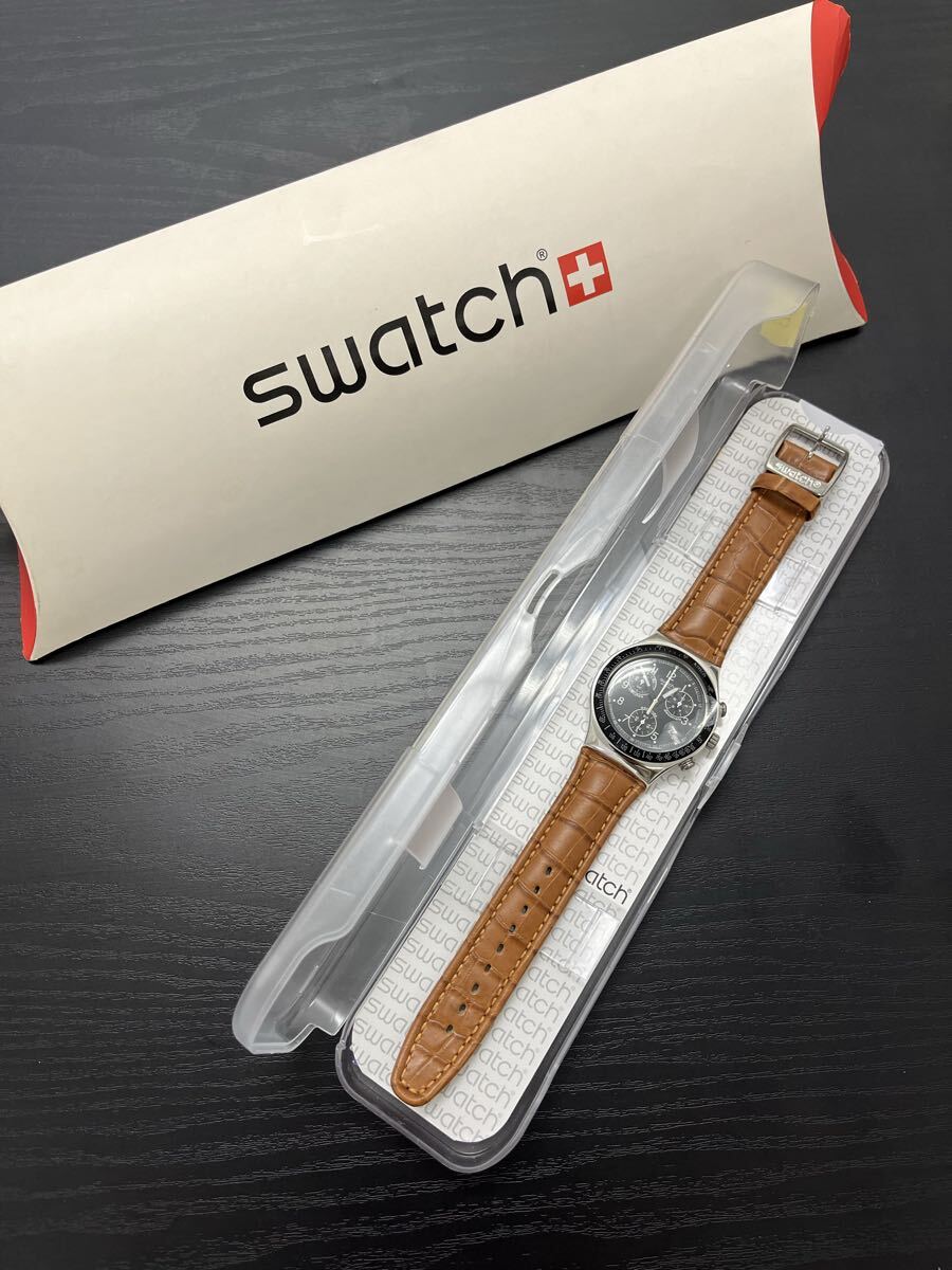 TA341 swatch クロノグラフ 腕時計 スウォッチ アイロニー クォーツ ブラウンレザーベルト SWISS MADE 外箱 説明書 動作未確認 ジャンク品拍卖